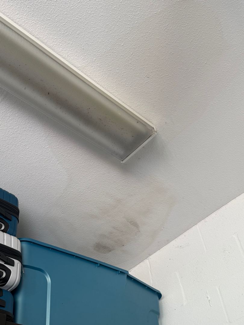 Water-stained interior ceiling with active leak damage before emergency tarp install