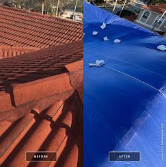 Before and after comparison of tile roof damage and completed blue emergency tarp install