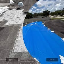 Before and after comparison of shingle roof damage near vent and completed blue emergency tarp install