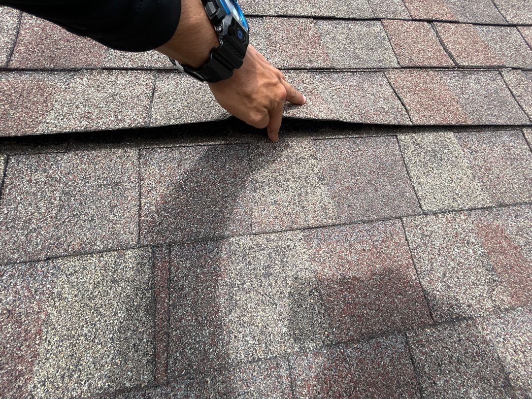 Close-up of creased and lifted shingle tab pulled back by hand